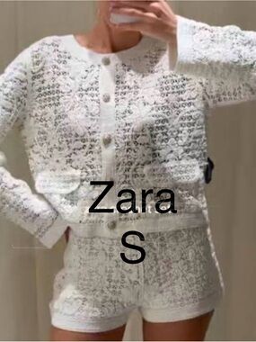 Zara White Crochet Knit Button Cardigan